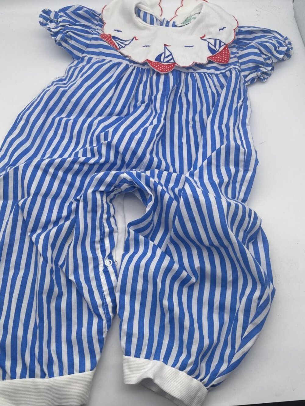 Vintage A Tiny Tots Original Girls 24 Months Blue Striped Sail Boats Romper Y